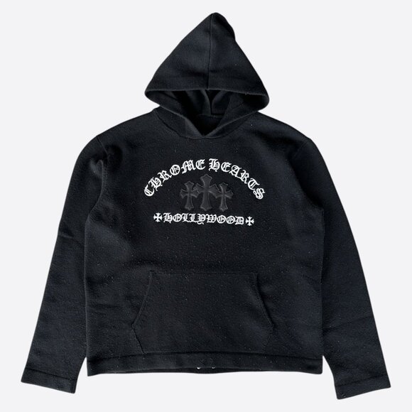 Chrome Hearts Black & White Leather Triple Cross Patch Cashmere Hoodie - Picture 1 of 6